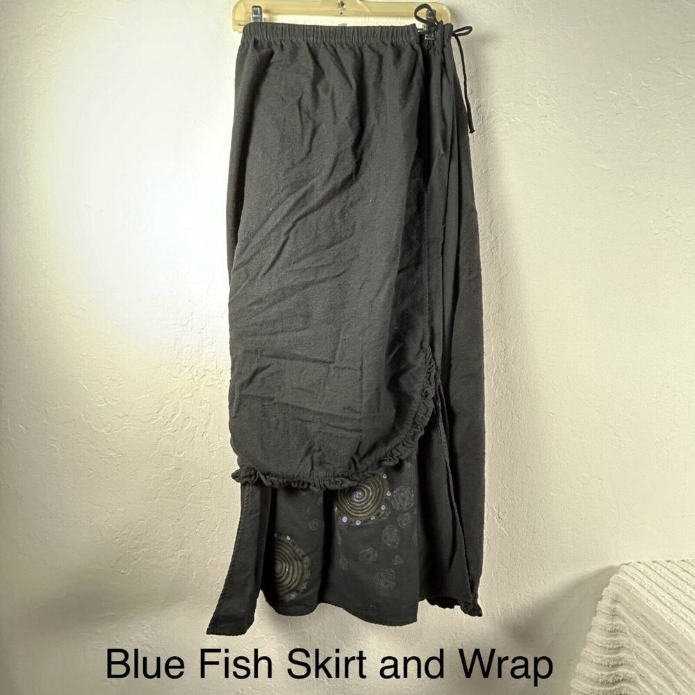 Vintage Blue Fish Women's Maxi Wrap Skirt Black Elastic Waist Cotton Size 1